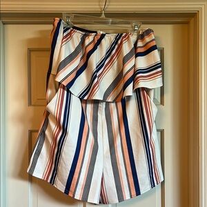 Striped short romper in Blue, Peach and White